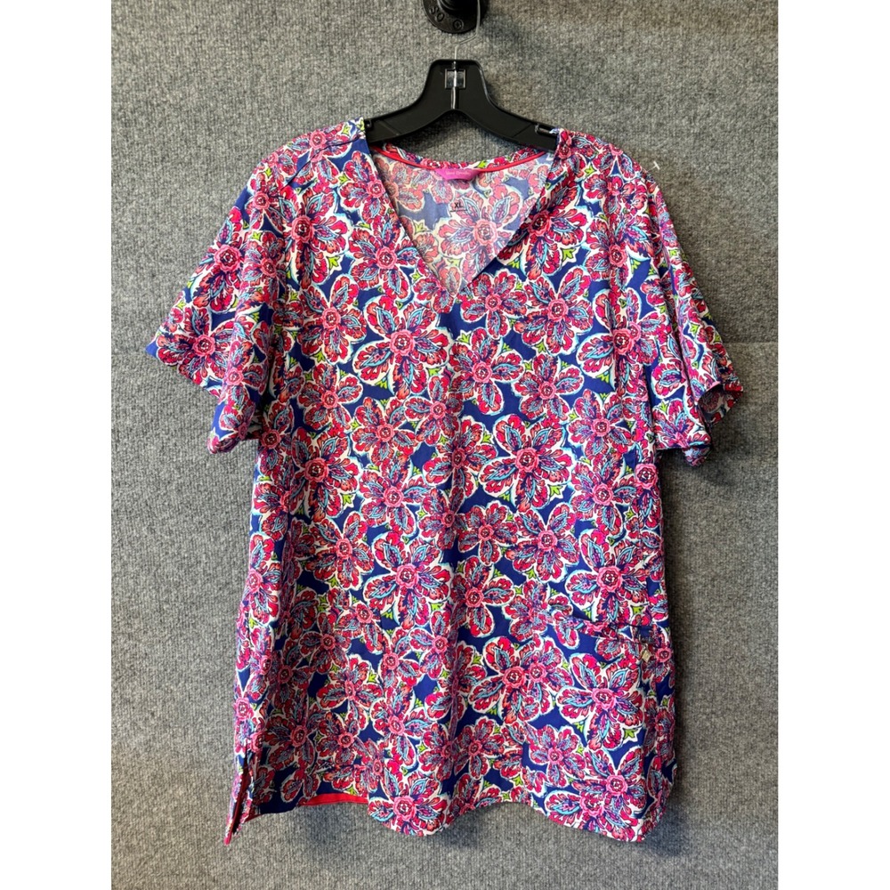 Vera Bradley Womens XL Pink Blue Floral Paisley V-Neck Scrub Top Medical Uniform